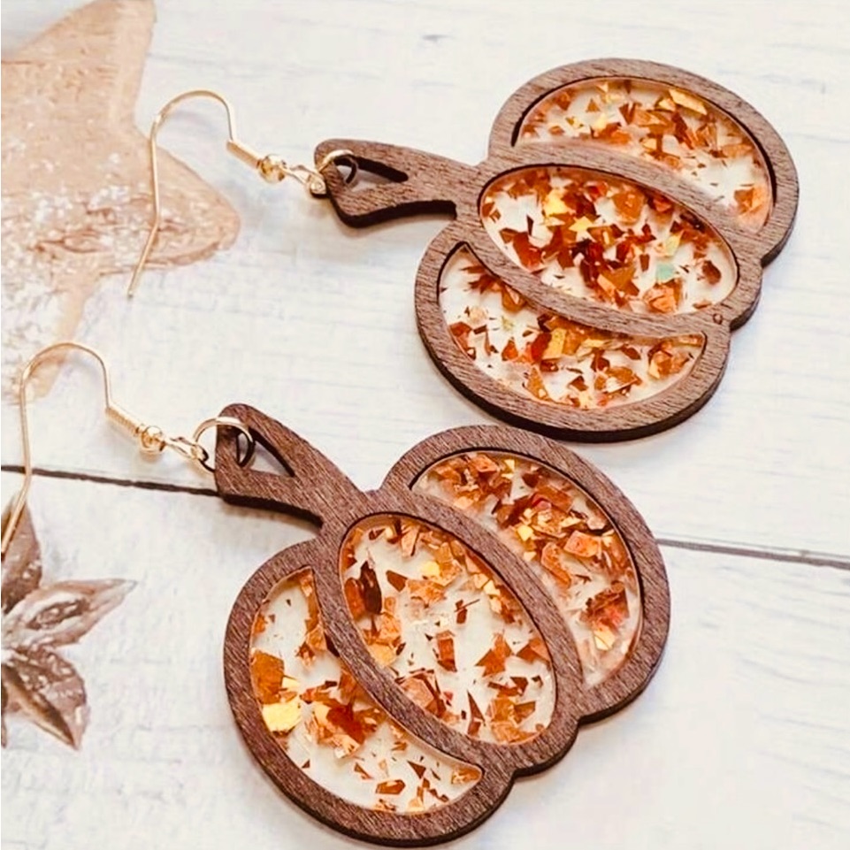 Wooden Pumpkin Earrings With Gold Accents